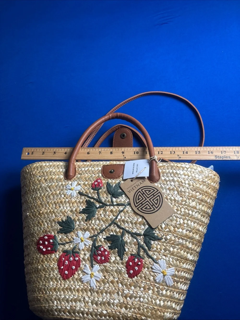 Source Unknown Straw Tote with Red Strawberry Embroidery and Tan Handles